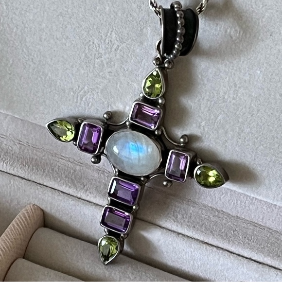 $85 13.59 ctw MOONSTONE AMETHYST PERIDOT Cross Pendant STERLING SILVER 925 - Picture 1 of 11